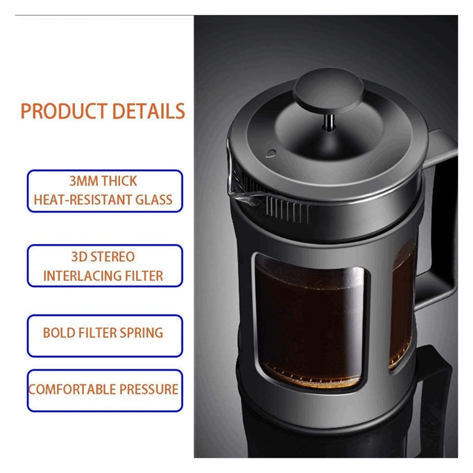 AISHANBAIHUODIAN 600ml French Press Coffee Maker - Borosilicate Glass with Heat Resistant Handle, Black - Perfect for Home, Office & Camping Brewing Fresh Coffee or Tea
