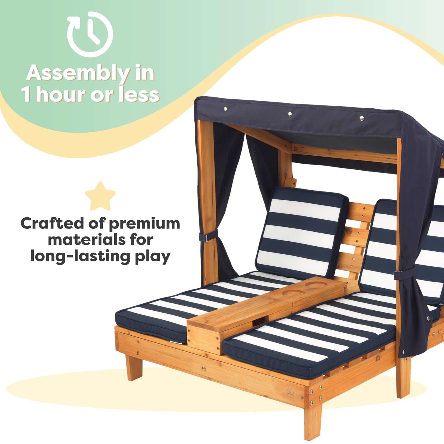 KidKraft Wooden Outdoor Double Chaise Lounge for Kids with Cup Holders - Patio Furniture Set with Navy & White Striped Fabric - Perfect Gift for Ages 3-8 - Ideal for Backyard, Poolside & Outdoor Play Areas