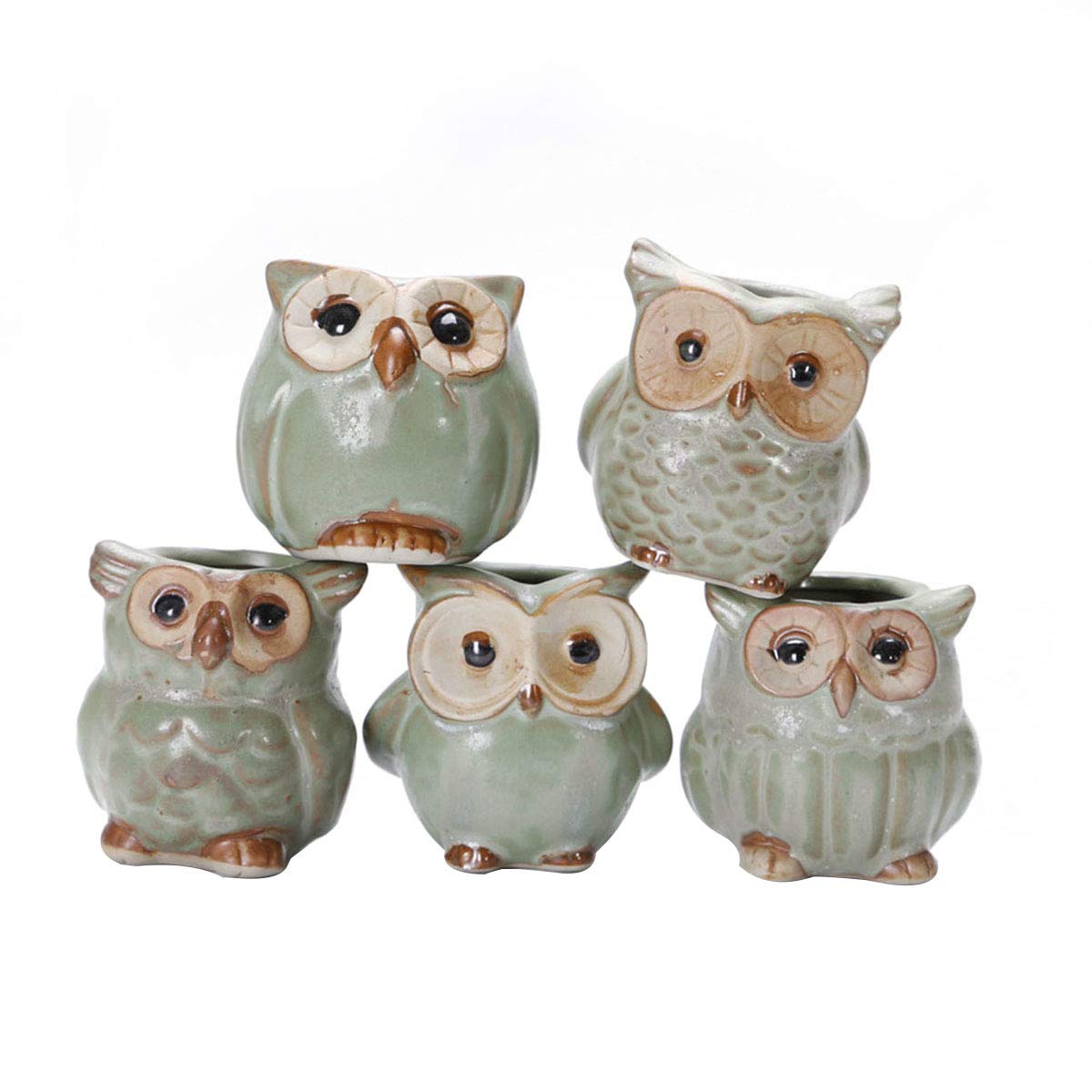 5pcs Ceramic Mini Owl Flower Pots - Small Succulent & Cactus Planters with Drainage Holes - Cute Home & Office Desk Decor for Plants, Miniature Garden Decorations