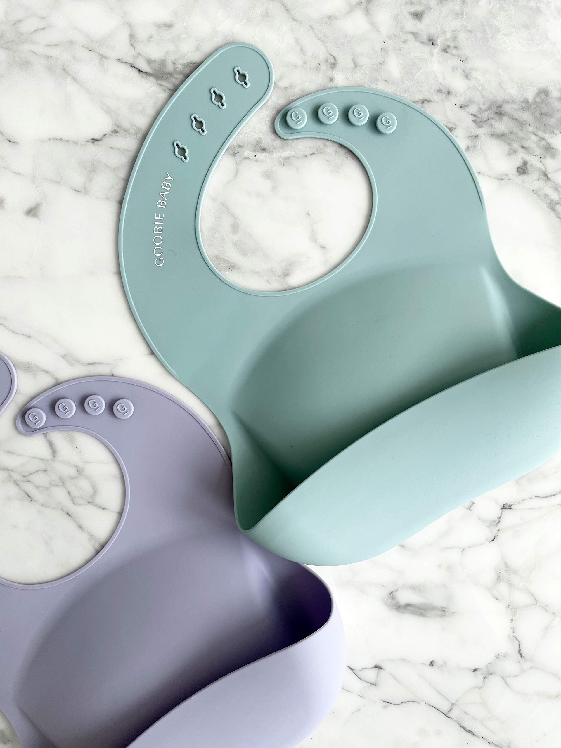 **Adjustable Waterproof Silicone Baby Bib with Food Catcher - Soft & Easy Clean Feeding Bib for Infants & Toddlers 4-36 Months (Girl & Boy) - 2 Pack (Sea Glass/Lilac) - Perfect for Messy Meals & On-the-Go Feeding**