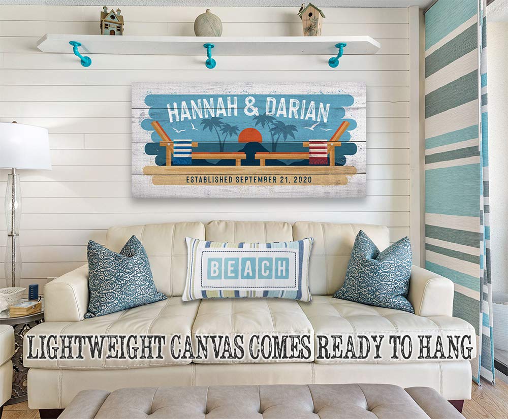 Extra Large 24x48 Personalized Beach Chairs Wood Style Canvas Art - Custom Couples Name Beach Sign, Coastal Decor with Sunset & Palm Tree Print - Perfect for Beach House, Boat & Vacation Home Decor