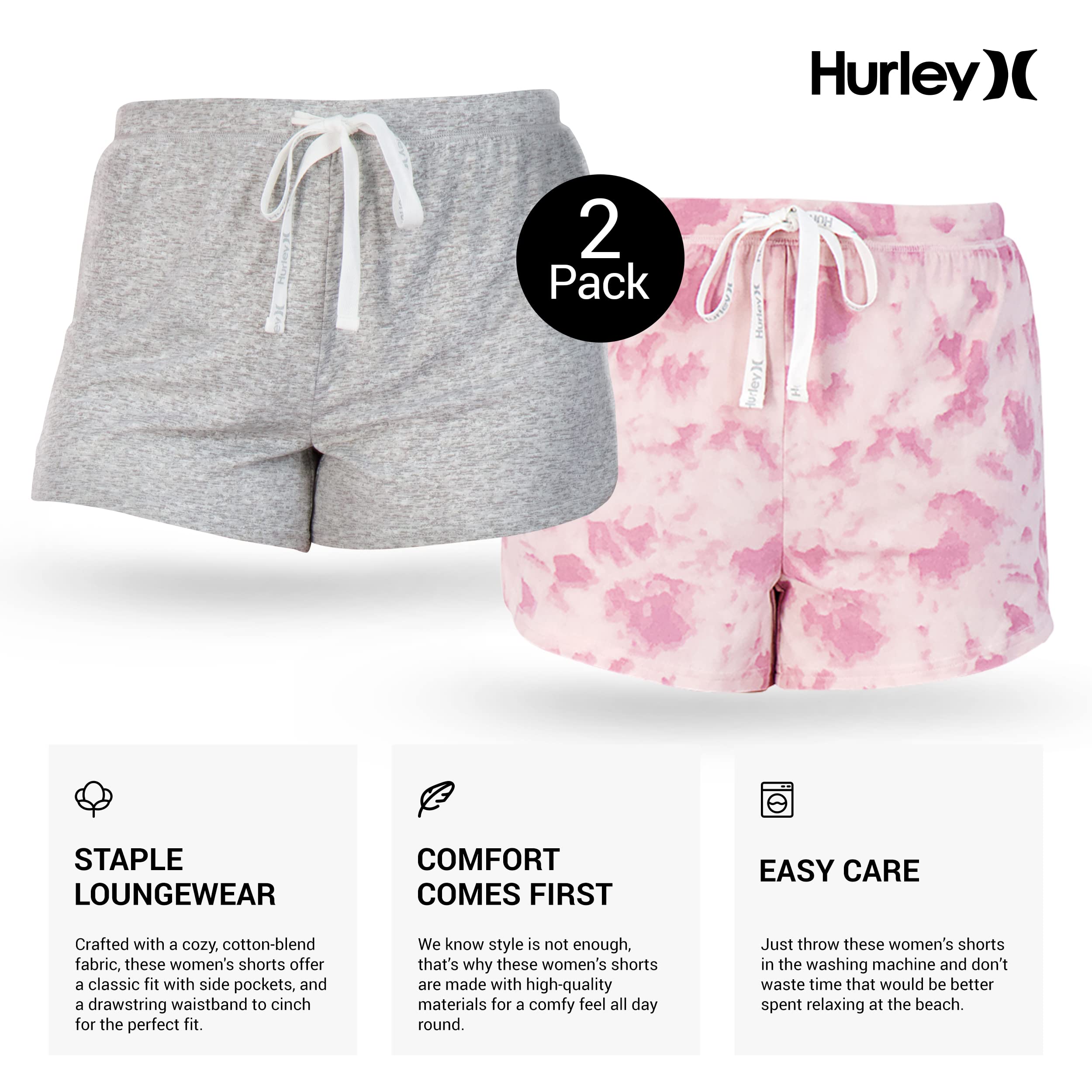 Hurley Women's Pajama Shorts 2-Pack - Soft Lounge Sleep Shorts for Hot Summer Nights, Cute & Comfortable Sleepwear - Perfect for Bedtime, Lounging at Home, and Vacation Getaways