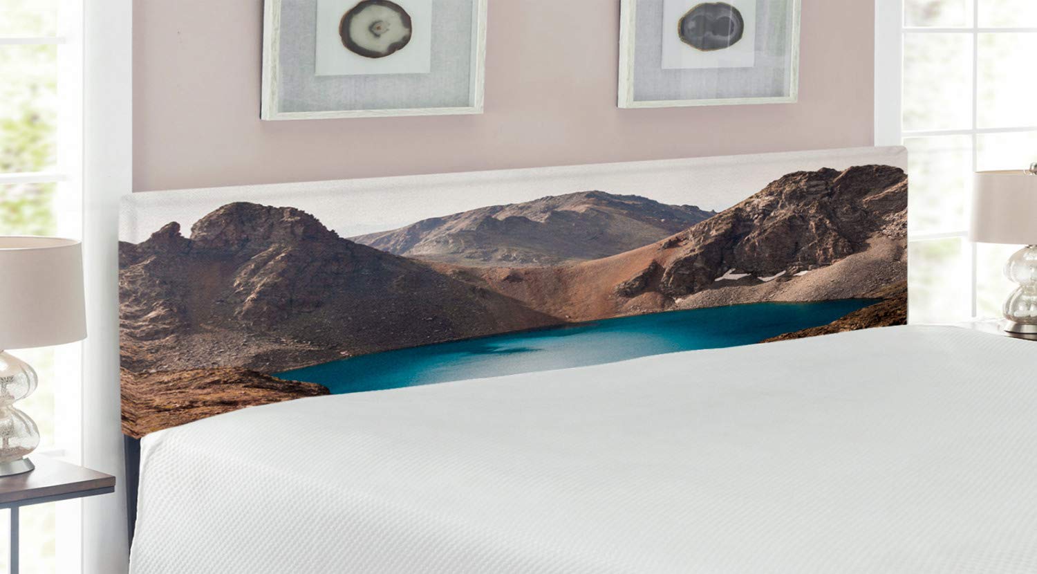 Ambesonne King Size Upholstered Headboard - Secret Lake Mountain Resort Nature Landscape Photo, Brown Teal Memory Foam Decorative Metal Bed Headboard | Perfect for Master Bedroom, Guest Room & Vacation Home Decor