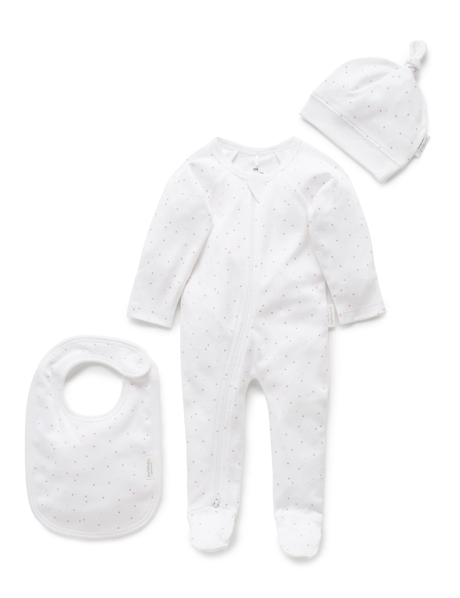 Purebaby Organic 3-Piece Baby Clothes Set - Pale Pink with White Dots | Soft Cotton Outfit for Newborns & Infants | Perfect for Photos, Gifts & Everyday Wear