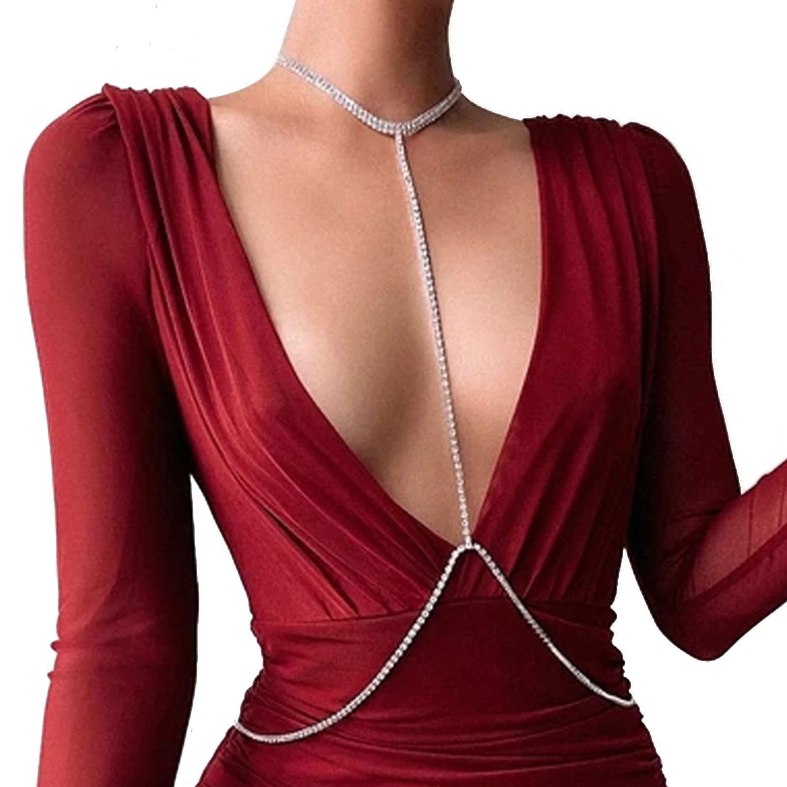 Sparkling Rhinestone Body Chain Necklace - Elegant Crystal Choker & Bikini Bra Jewelry for Women | Sexy Waist & Belly Chain in Silver | Perfect for Beach Parties, Music Festivals & Date Nights