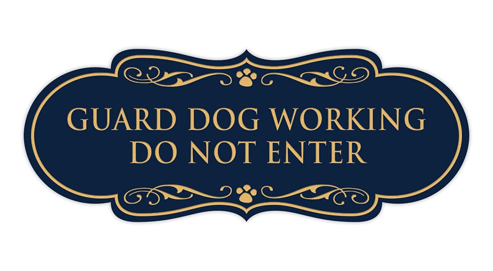 Designer Paws Guard Dog Working Do Not Enter Sign (Navy Blue/Gold) - Small Metal Warning Sign for Home Security, Yard Protection & Business Safety