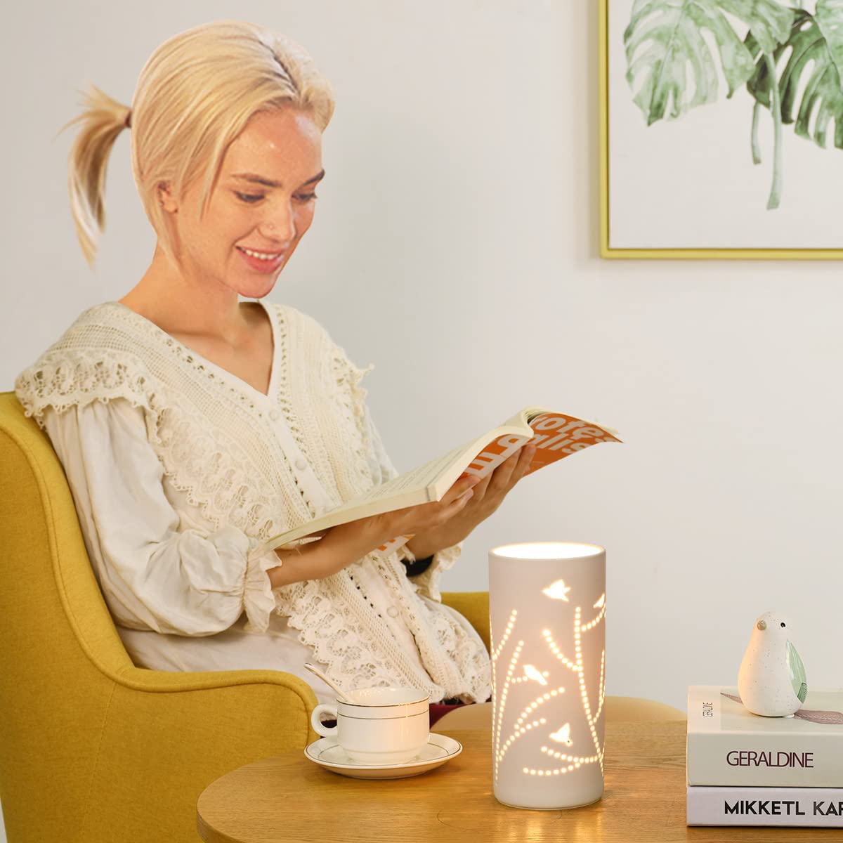 Modern White Ceramic Table Lamp - Carving Tree Design, 3.54