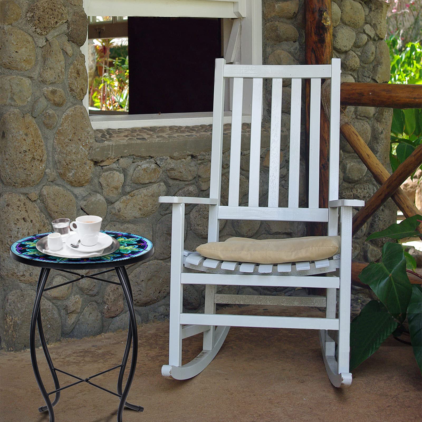 VCUTEKA Outdoor Mosaic Side Table - Round Glass Top End Table for Patio, Balcony, Porch & Indoor Use - Perfect for Coffee, Drinks & Decor