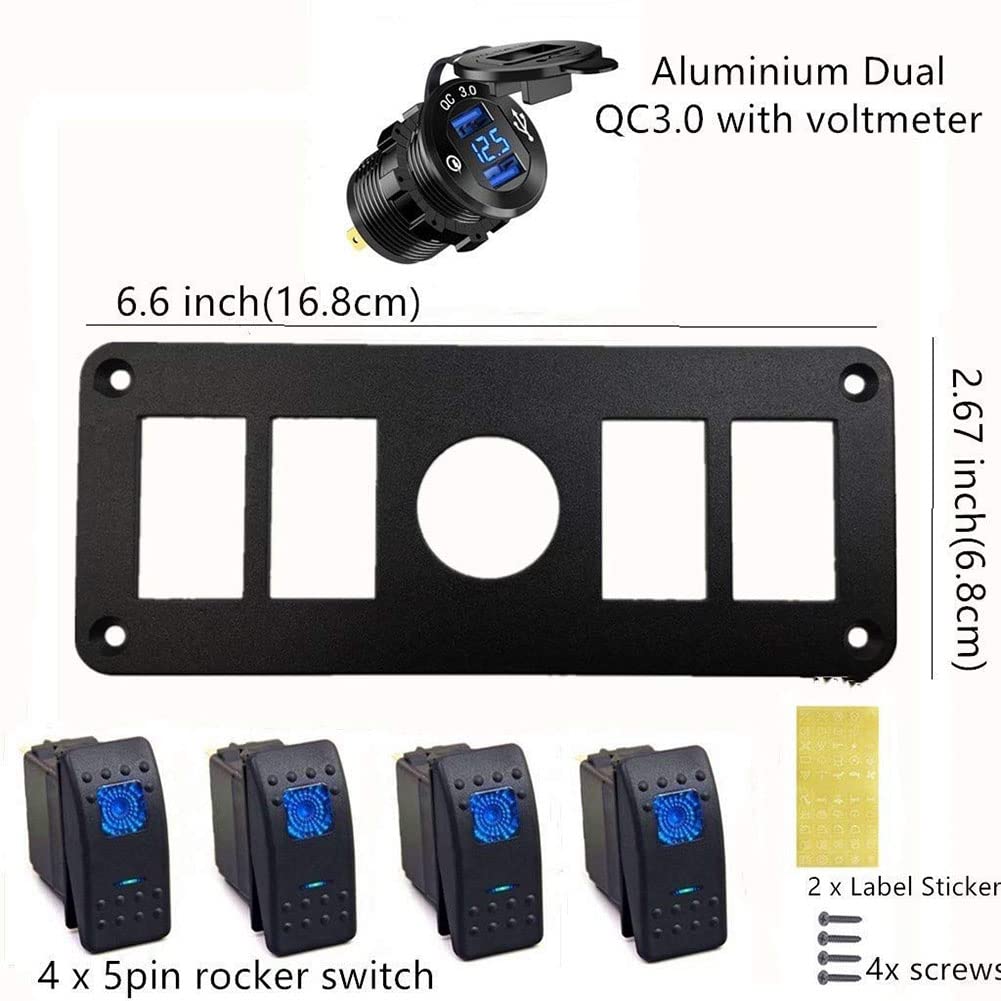12V-24V DC Marine Switch Panel with Quick Charge Dual USB Ports & Voltmeter - Waterproof Rocker Switch for Boats, RVs, Trucks - Night Glow Stickers for Easy Night Use - Perfect for Marine, Camping & Off-Road Adventures