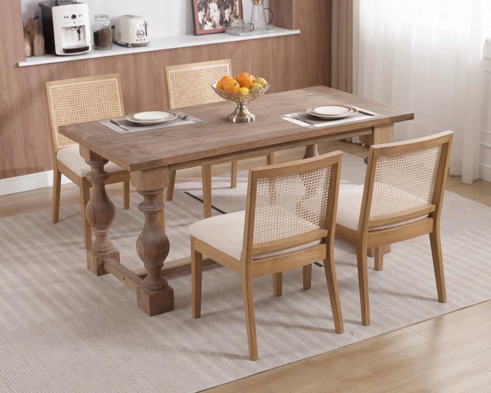 Vintage Rattan Dining Chairs Set of 2 - Mid Century Modern Kitchen & Dining Room Chairs with Cane Upholstery and Solid Hardwood Frame in Beige - Perfect for Farmhouse, Boho, or Coastal Style Dining Areas