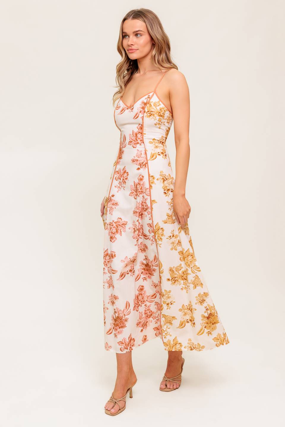 Carlyn Midi Dress - Mustard Floral Print Women's Casual Summer Dress for Beach, Party & Vacation