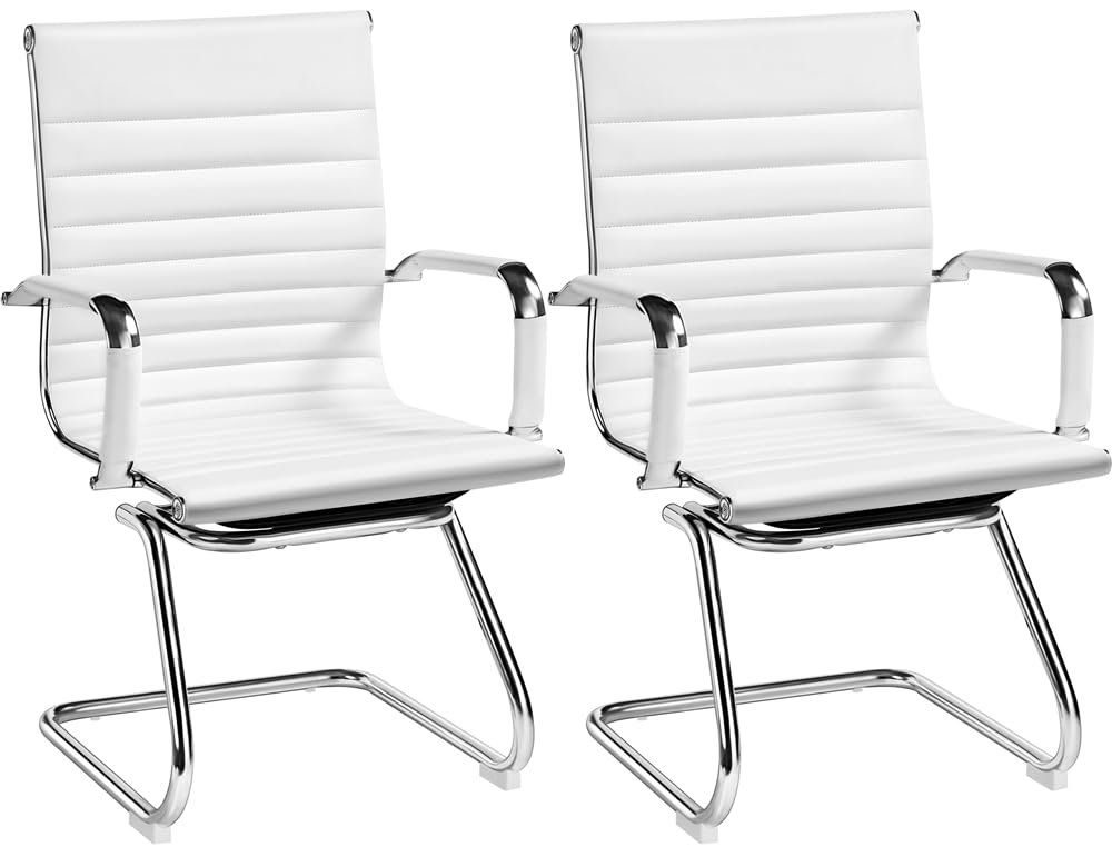 Yaheetech 2-Pack White Faux Leather Mid Back Office Reception Chairs - No Wheels, Ergonomic Design for Conference Rooms, Waiting Areas & Guest Seating - Comfortable & Stylish for Professional Spaces