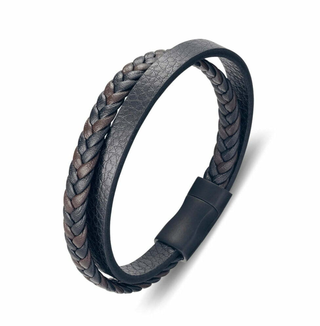 Men's Leather & Stainless Steel Bracelet - Brown & Black Adjustable Wristband for Casual Wear, Gifts & Everyday Fashion Accessories