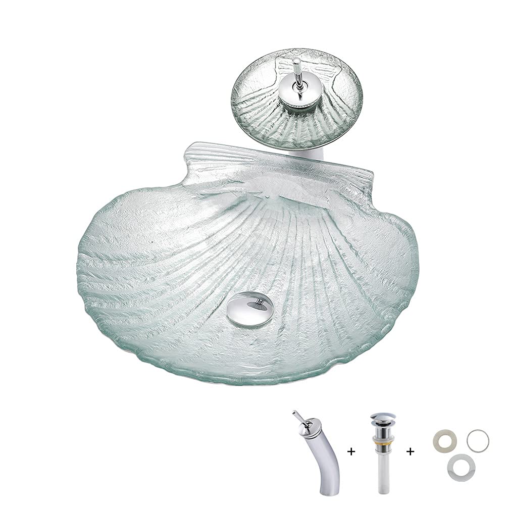 Lovedima Crystal Glass Vessel Sink - Transparent Shell Shaped Bathroom Vanity Wash Basin for Countertop Installation with Faucet | Modern Bathroom Decor for Master Bath, Powder Room & Guest Bath