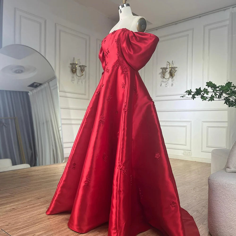 Elegant Off Shoulder Wine Red A-Line Evening Dress with Appliques - Luxury Dubai & Saudi Arabian Style Formal Gown LA72778 for Prom, Wedding & Special Occasions