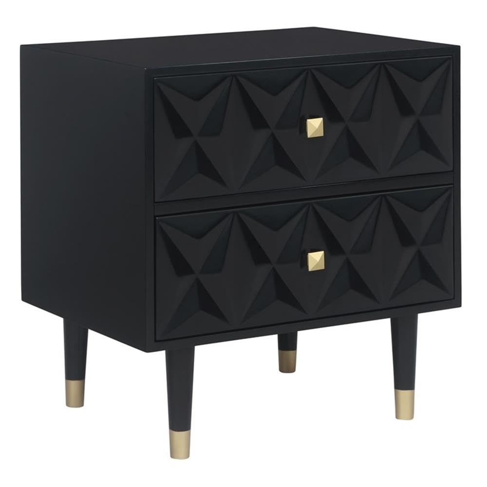 Modern Black Wooden Nightstand with Two Drawers and Geometric Texture - Perfect for Bedroom, Living Room, or Office Storage