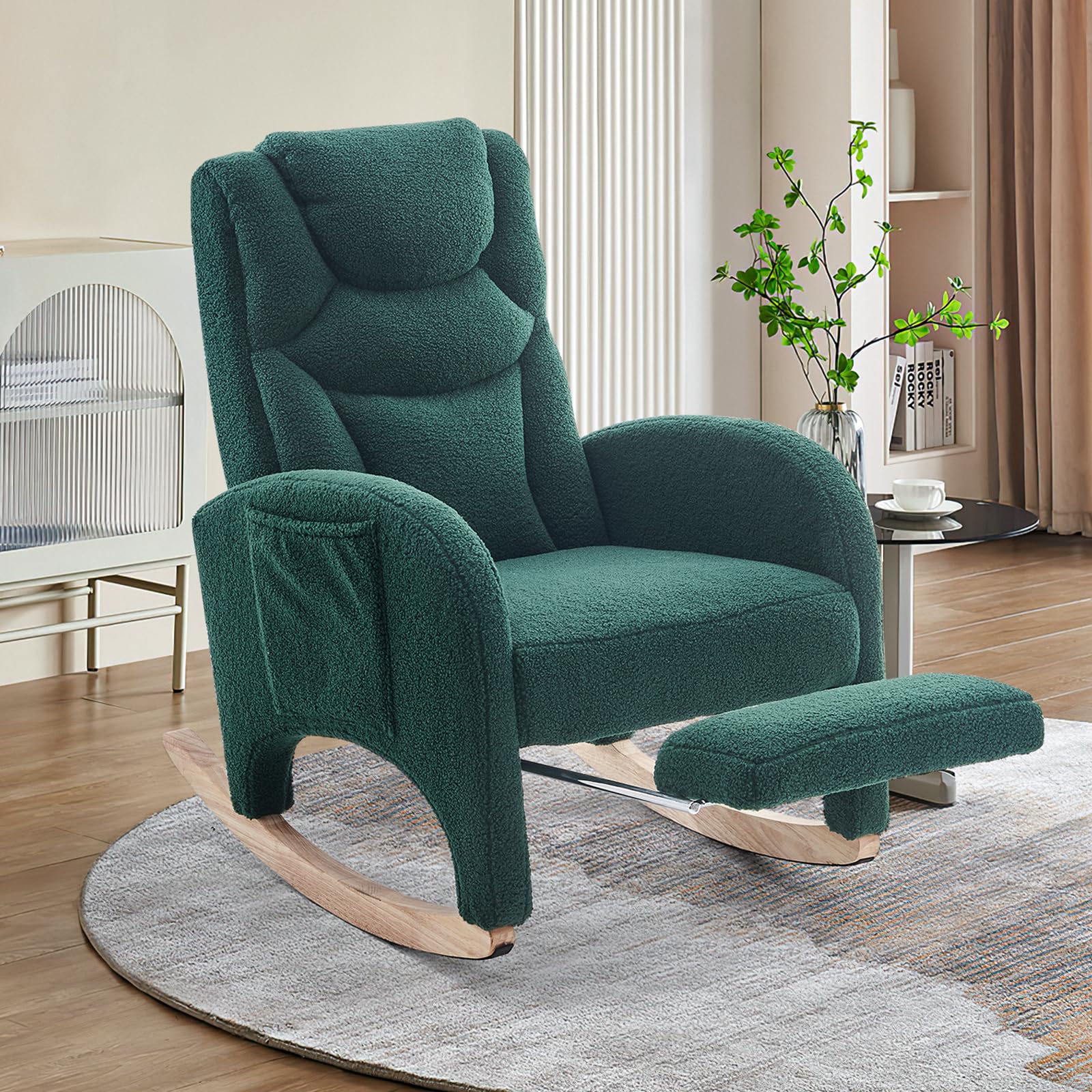 Hommoo Modern Teddy Fabric Rocking Chair with Adjustable Footrest - High Back Nursery Glider Rocker for Mom and Baby, Green Upholstered Accent Chair - Perfect for Nursery, Living Room & Bedroom Relaxation
