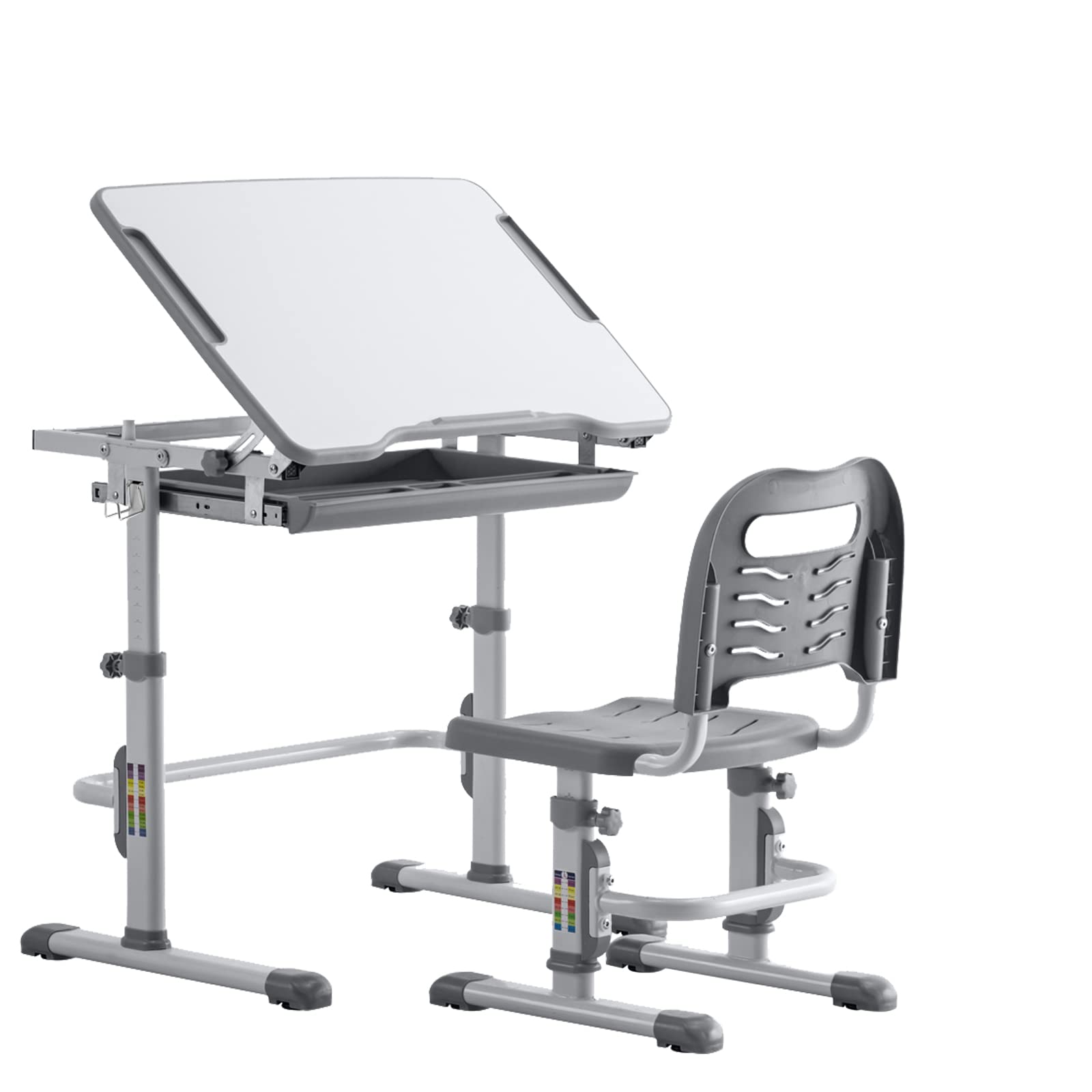 Adjustable Height Kids Desk and Chair Set with 0-40° Tiltable Desktop, Drawer & Metal Hook - Space Grey | Ergonomic Study Desk for Children's Homework, Drawing & Online Learning
