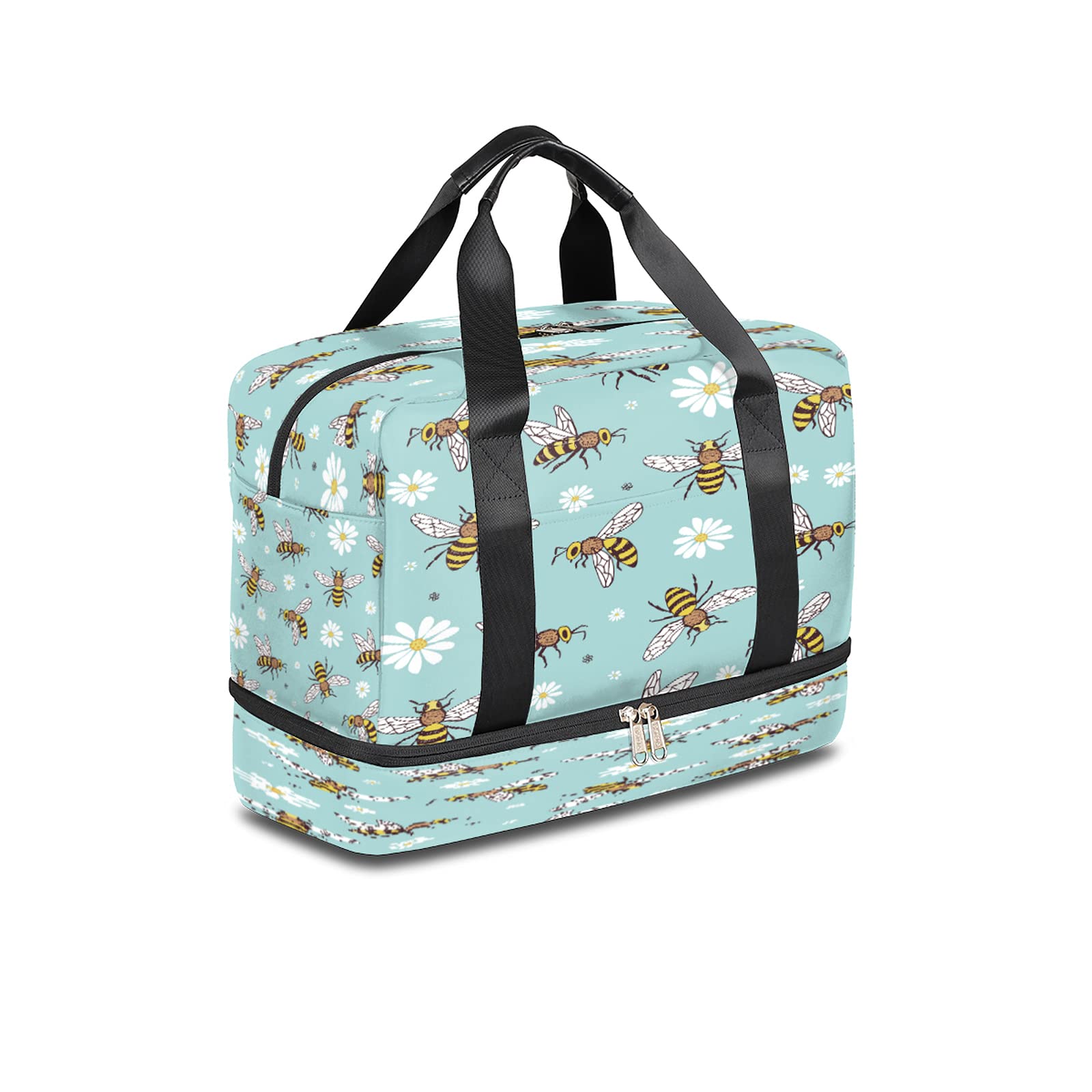 Floral Daisy Bee Gym Bag - Lightweight Waterproof Sports Duffel with Wet Pocket & Shoe Compartment - Travel Overnight Bag for Men & Women - Perfect for Gym, Yoga, Travel & Weekend Getaways