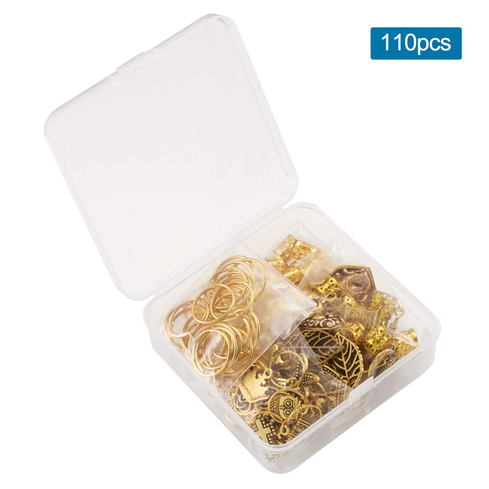 Craftdady 110Pcs Gold Metal Hair Jewelry Rings - Decorative Pendants, Coil Cuffs & Dreadlock Accessories with Leaf, Star, Butterfly, Heart, Key, Owl, Cross & Crown Charms - Perfect for Boho Hairstyles, Festivals & DIY Hair Styling