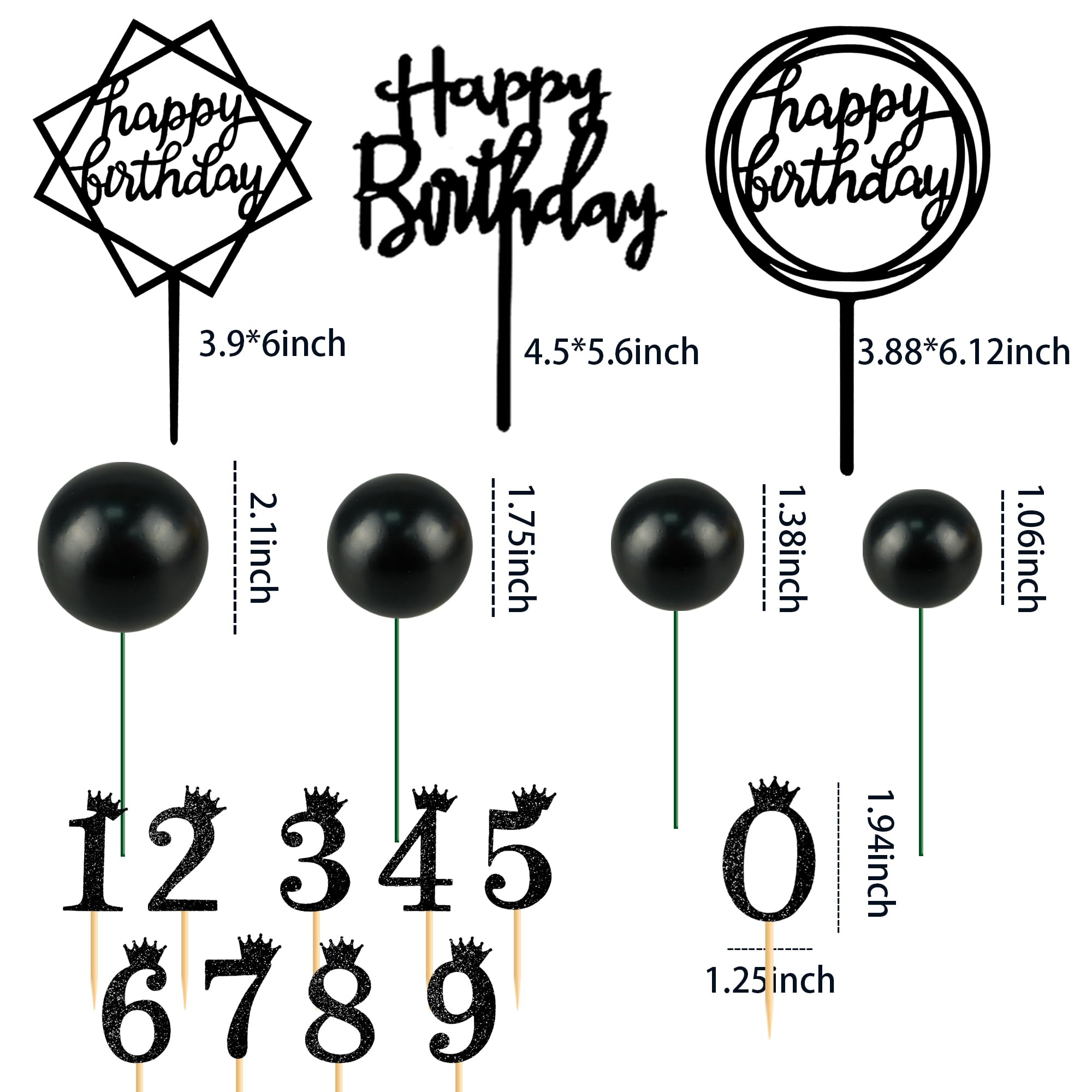 25 PCS Acrylic Happy Birthday Cake Topper Set with Numbers 0-9, Crown & Ball Shaped Cake Insert Toppers - Elegant Black Birthday Cake Decorations for Kids and Adults - Perfect for Birthday Parties, Baby Showers & Anniversary Celebrations