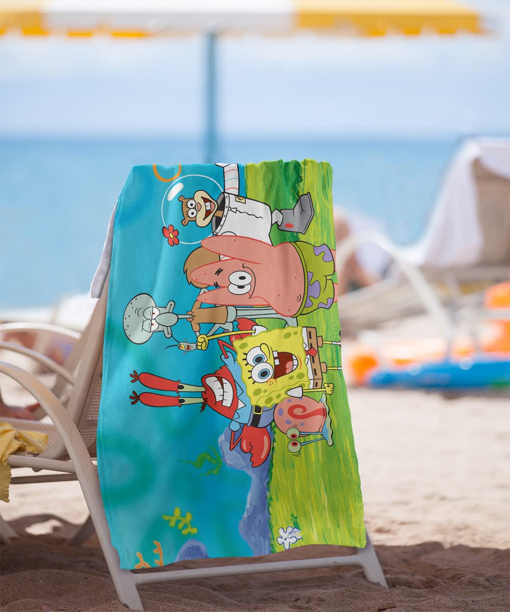 Spongebob Beach Towel 30x60 Inches - Soft & Absorbent Cartoon Towel for Pool, Beach, Gym - Spongebob Group Scene Design - Perfect for Summer, Swimming, Travel & Outdoor Activities