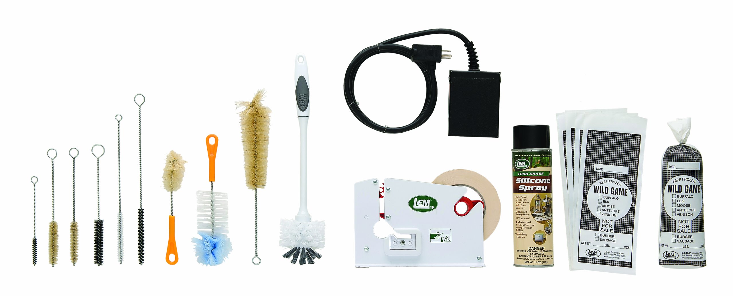 LEM Products Grinder Accessory Kit - Foot Switch, Poly Bag Tape Machine, Meat Bags, Silicone Spray & Brushes for Meat Processing & Sausage Making | Perfect for Home Butchers & Commercial Kitchens