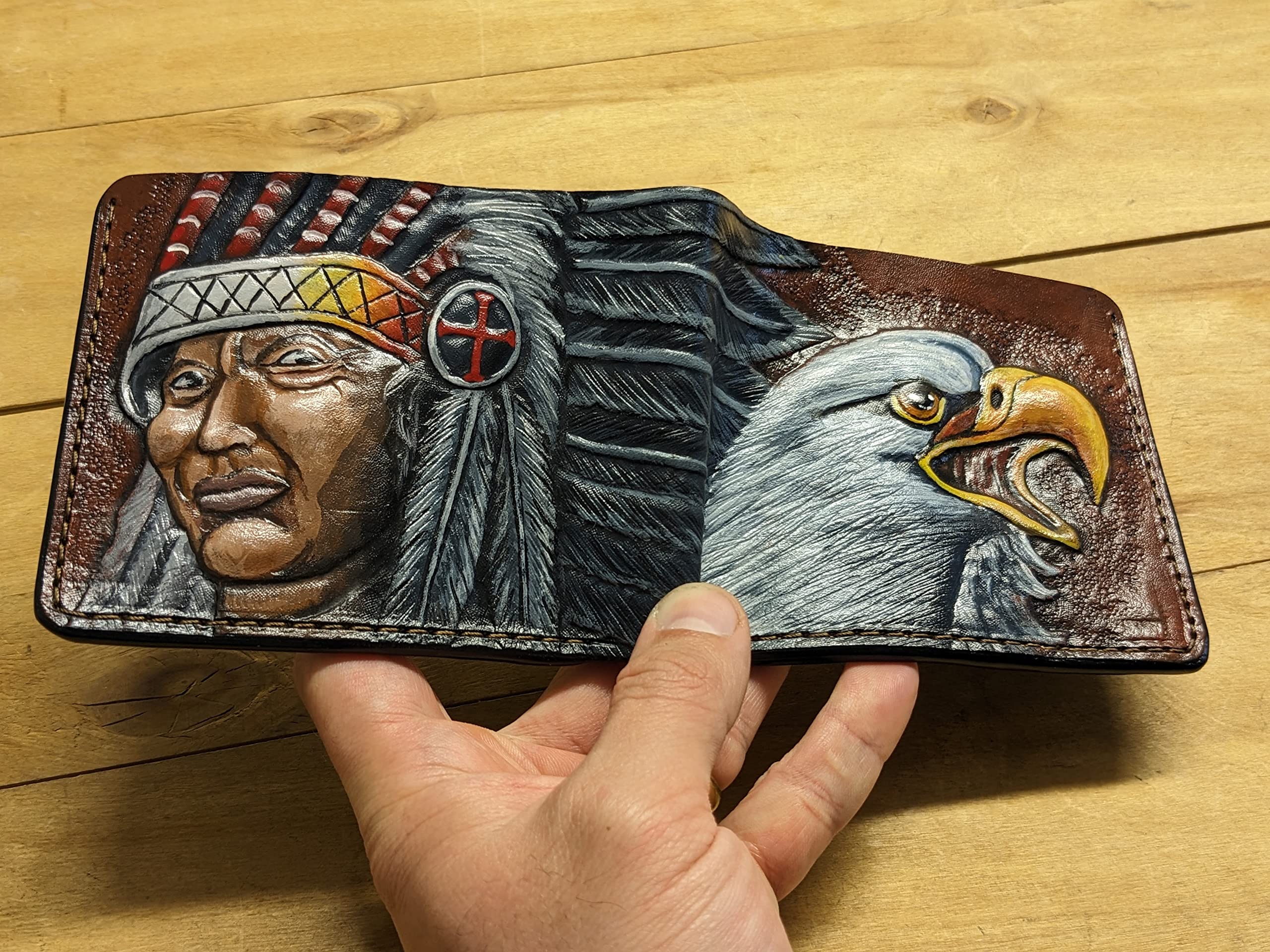 Authentic 3D Handmade Genuine Leather Bifold Wallet - Bald Eagle & Native American Chief Carved Design - Patriotic Airbrush Art Custom Men's Wallet for Everyday Use & Gift Giving