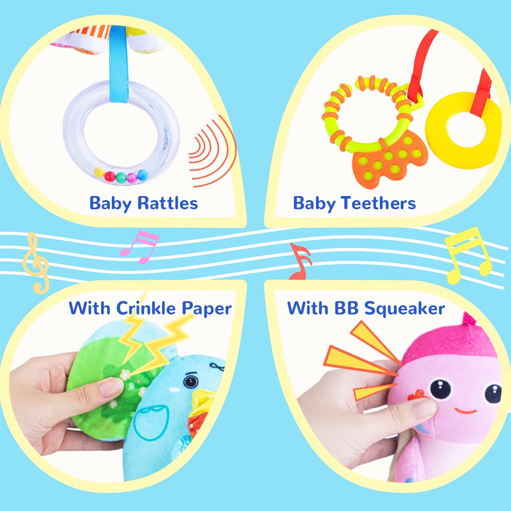 TeyToy Soft Plush Animal Hanging Baby Toys with Rattles, Teether & Squeaker - Early Development Stroller & Car Toys for Newborns 3-12 Months | Perfect Infant Birthday Gifts & Nursery Decor for Boys Girls