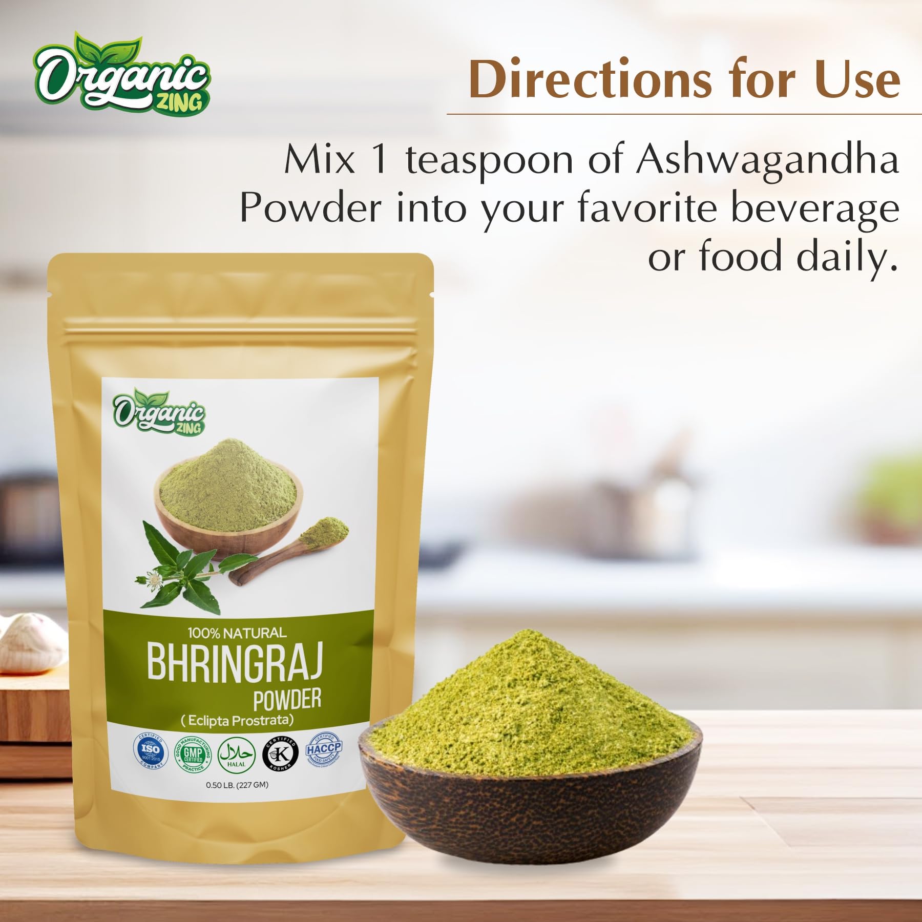 Organic Zing Bhringraj Powder for Hair Growth | Pure & Natural Ayurvedic Hair Care Supplement - 227g | Promotes Thicker, Stronger Hair for Men & Women