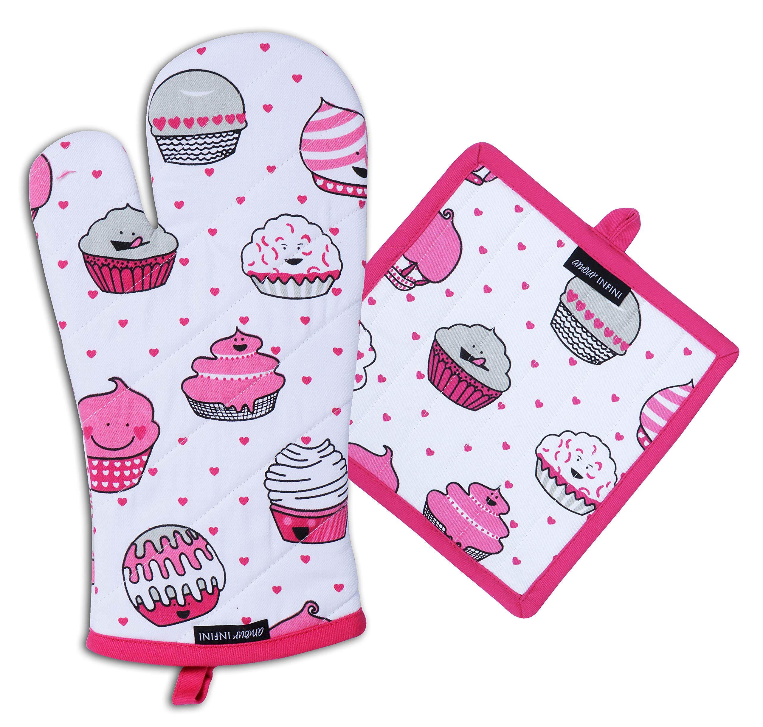 AMOUR INFINI 5-Piece Kitchen Set - Apron, 2 Towels, Oven Mitt & Pot Holder with Valentine Cupcake Design - Perfect for Baking, BBQ, Grilling & Kitchen Decor