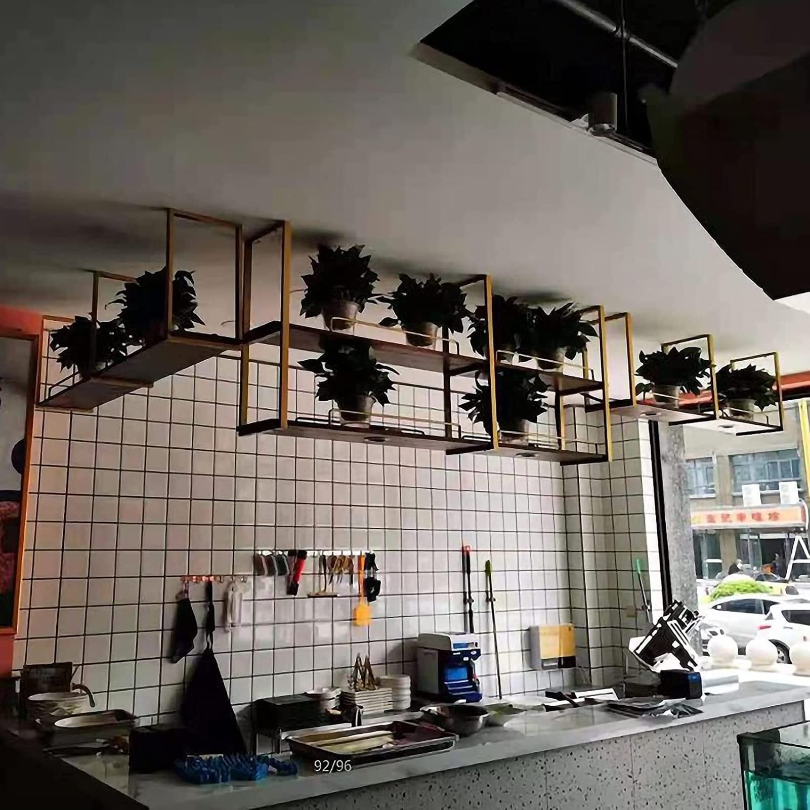 Nordic Style 2-Tier Ceiling Storage Shelf - Solid Wood & Iron Hanging Rack for Kitchen, Bar, Cafe - 80x30x80cm Black Display Shelf (2cm Thick Plates) - Perfect for Small Space Organization & Decorative Storage Solutions
