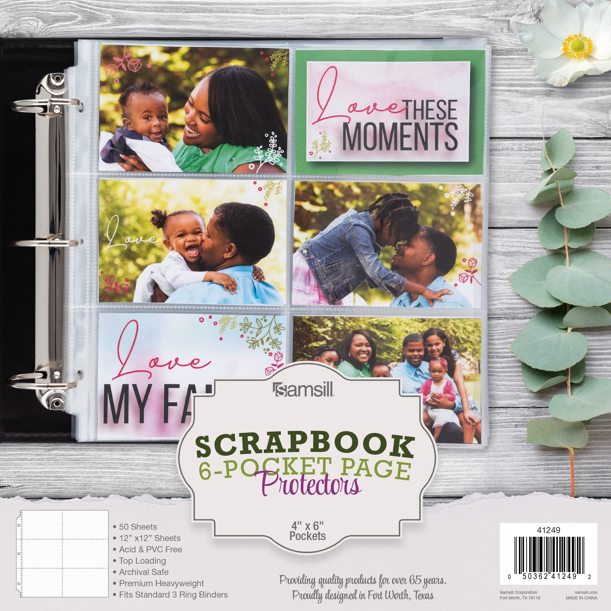Samsill 12x12 Inch Scrapbook Refill Pages - 6 Pocket Top-Loading Design, Holds 12 (4x6 Inch) Photos - 50 Pack Heavy-Duty Clear Pages for 3-Ring Binders & Photo Albums - Perfect for Memory Keeping, Wedding Albums, and Family Photo Preservation