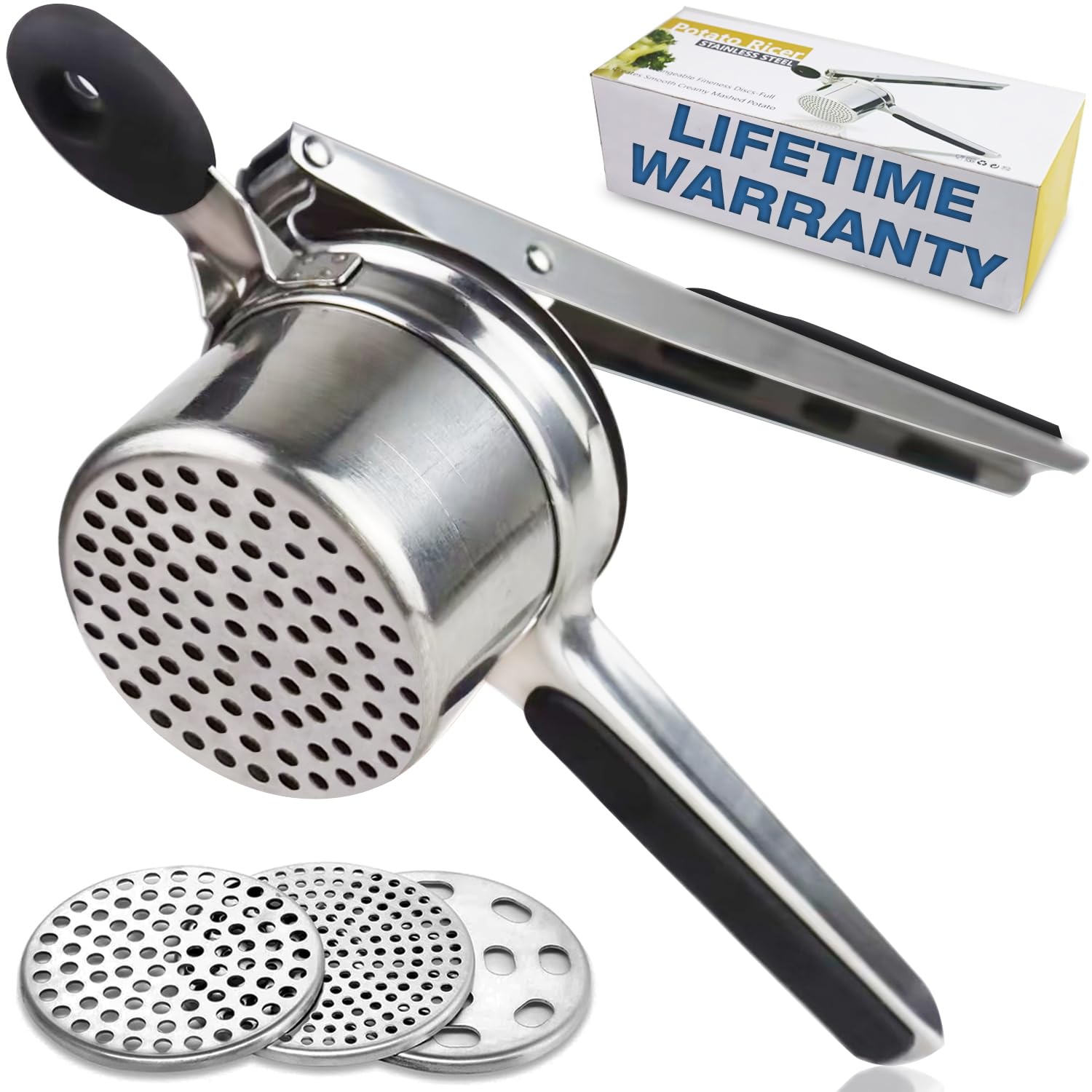 Premium AIDOIT 15oz Stainless Steel Potato Ricer & Masher - Heavy Duty with 3 Interchangeable Discs for Smooth Mashed Potatoes, Baby Food & Fruit Press - Perfect for Kitchens, Restaurants & Meal Prep