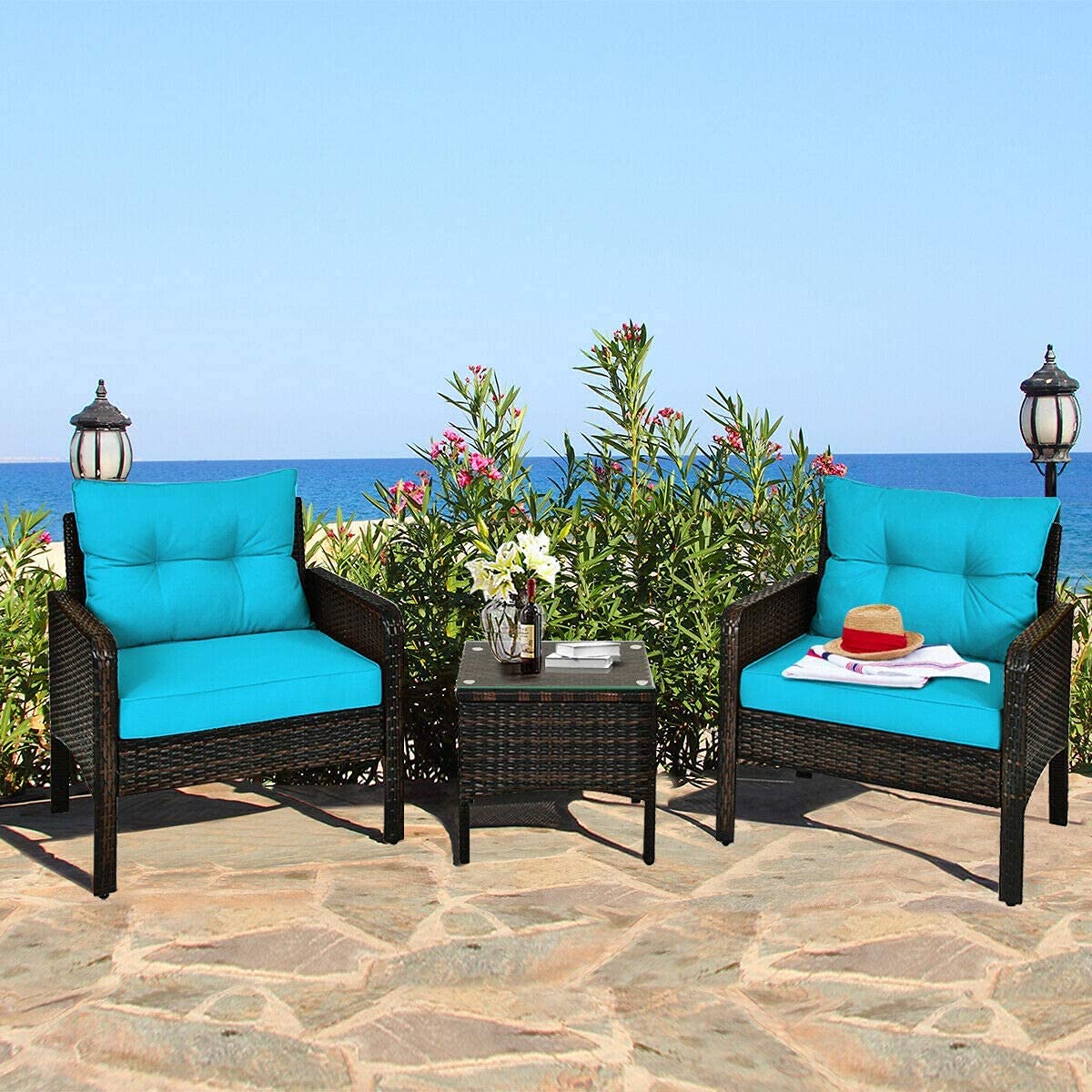 Rainfally 3-Piece All-Weather Wicker Patio Furniture Set with Cushions & Coffee Table - Outdoor Rattan Sofa Conversation Set for Garden, Lawn, Poolside, Backyard (Turquoise) - Perfect for Relaxing, Entertaining & Lounging in Your Outdoor Space