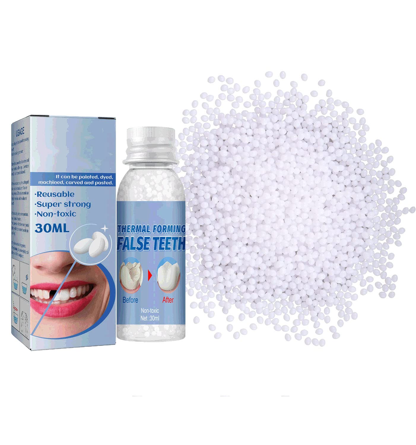 Wttfc 30G Temporary Tooth Repair Beads - Emergency Dental Filling Kit for Cracked & Broken Teeth - 30ml Fake Teeth Repair Solution for Pain Relief - Perfect for Travel, Camping & Dental Emergencies