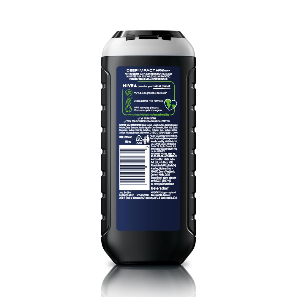 Nivea Men 3-in-1 Body Wash - Deep Impact Shower Gel with Microfine Clay for Body, Face & Hair | 250ml | Refreshing Daily Cleanser for Gym, Work & Travel