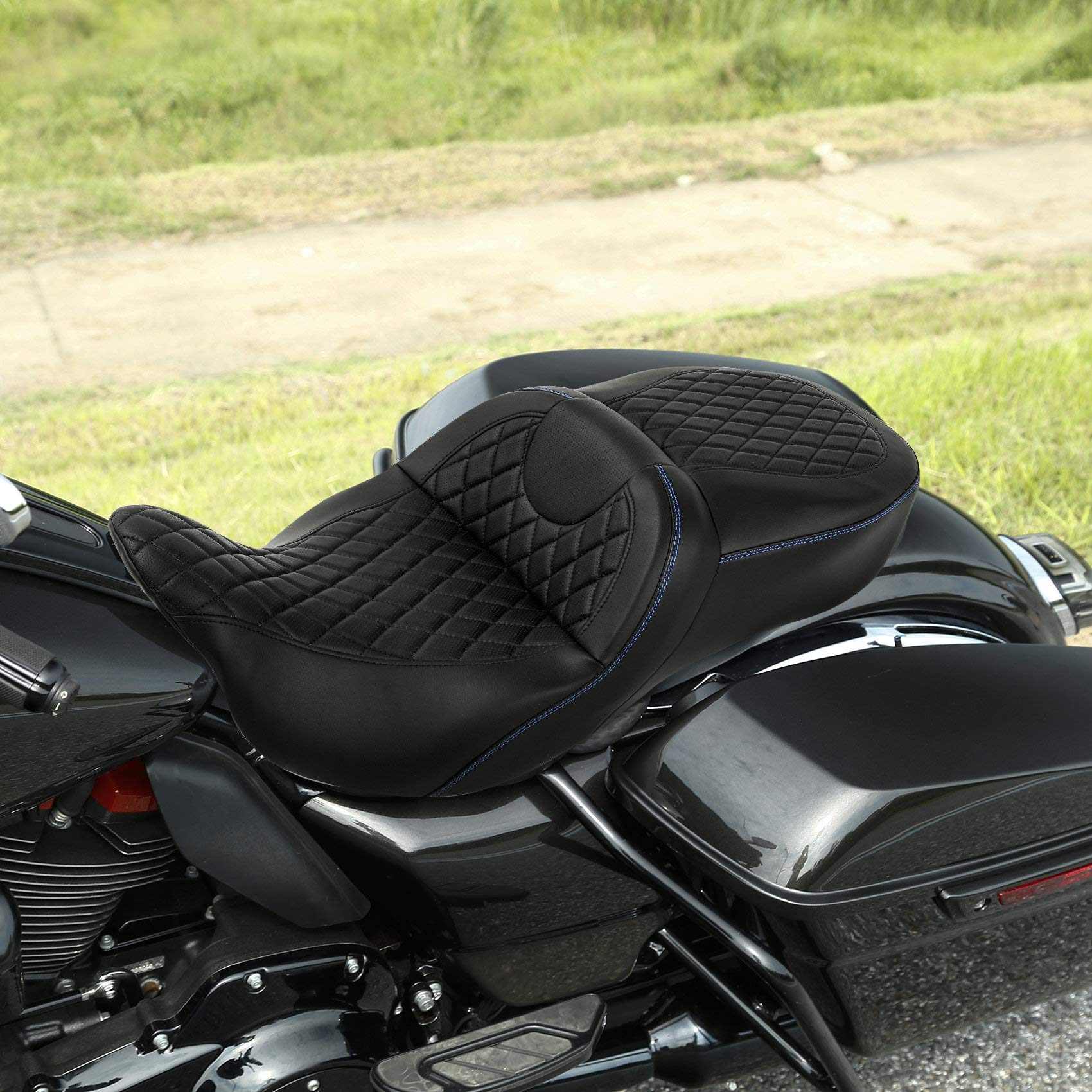 Premium Diamond Stitched 2-Up One-Piece Seat for Harley Touring Models (Road King FLHR, Street Glide FLHX, Road Glide FLTRX) 2009-2023 - Comfortable Rider & Passenger Seat for Long Distance Cruising & Custom Bike Upgrades