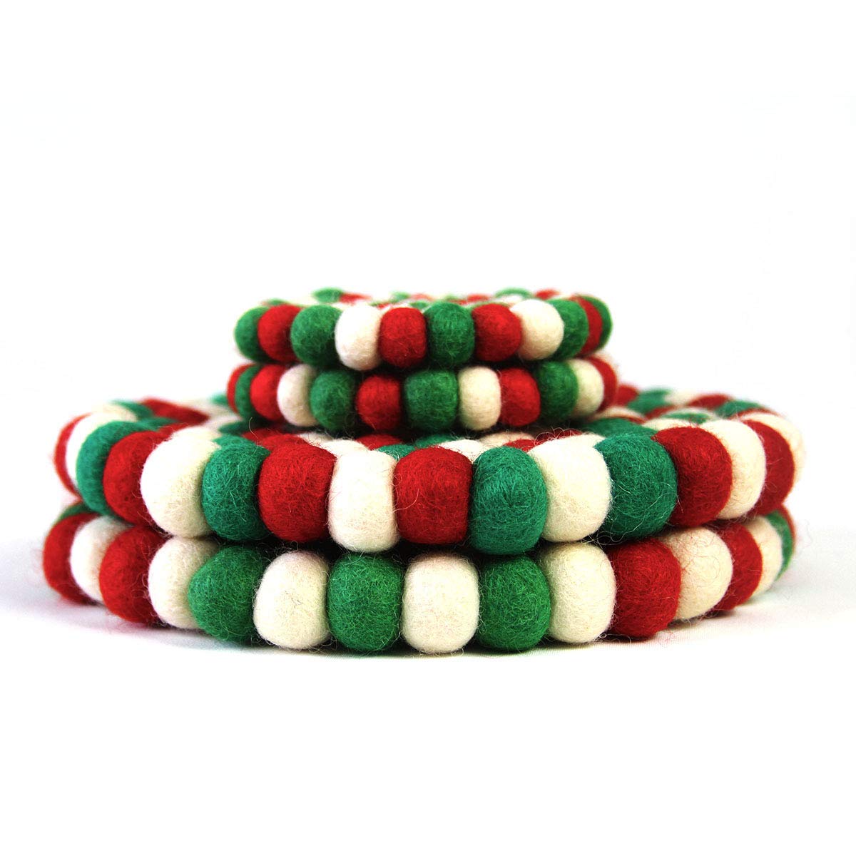 Handmade Felt Ball Wool Trivet Hot Pad - 8 Inch Round Heat Resistant Coaster for Kitchen, Dining Table, Christmas Decor - Eco-Friendly & Handcrafted in Nepal