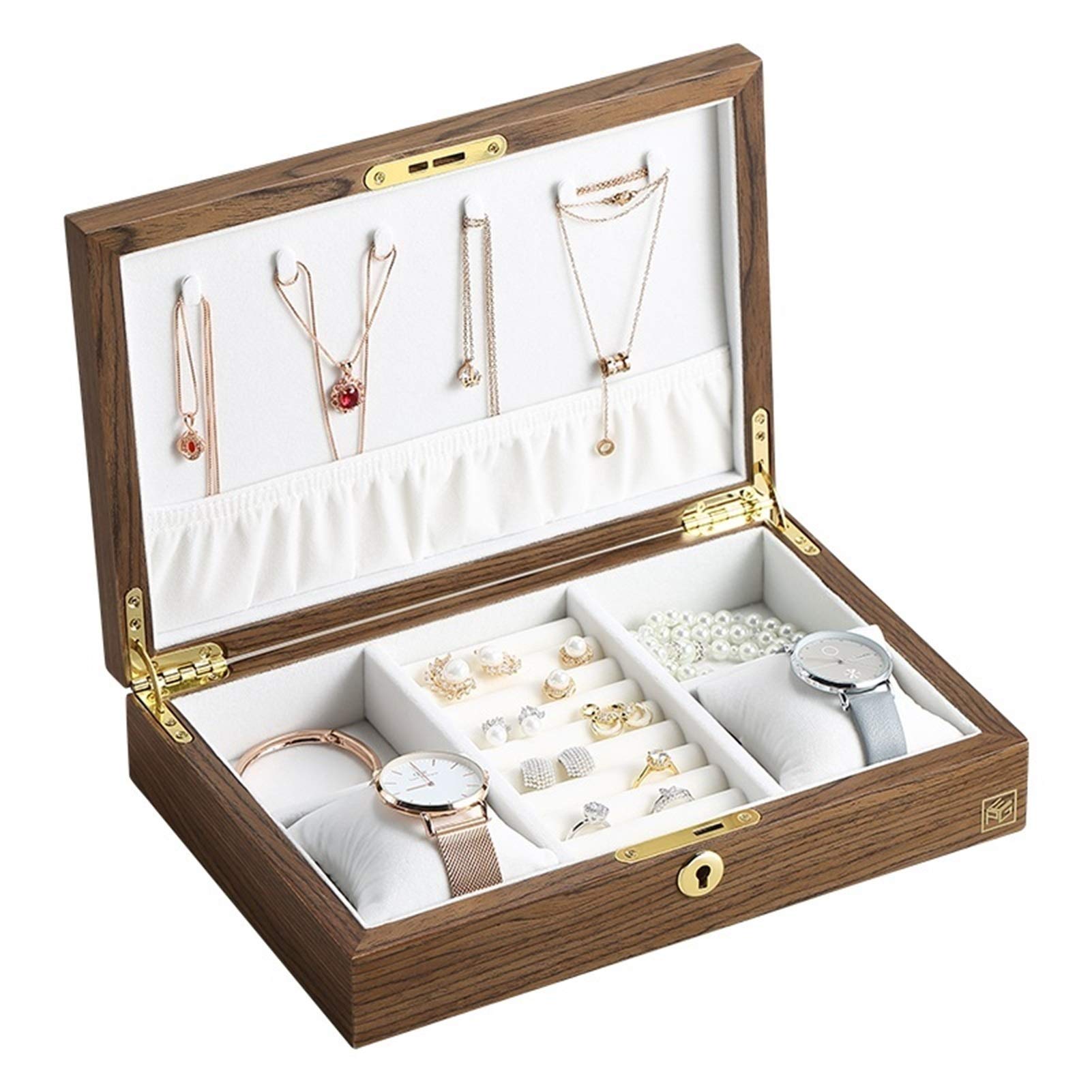 Vintage Wooden Watch Organizer Box - Large Jewelry Storage Case for Necklaces, Rings, Earrings & Watches - Velvet Lined Display Box (Walnut Color) - Perfect for Home, Office & Travel Jewelry Organization