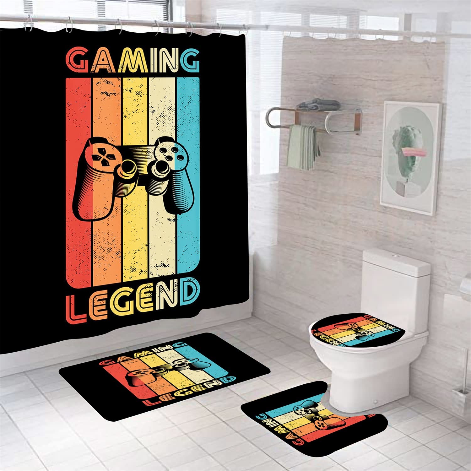 ShaoShai Classic Gaming Legend Waterproof Shower Curtain Set - Colorful Video Game Bathroom Decor with Matching Rug - Durable Fabric for Boys & Kids - Perfect for Gamer Themed Bathrooms & Teen Bedrooms