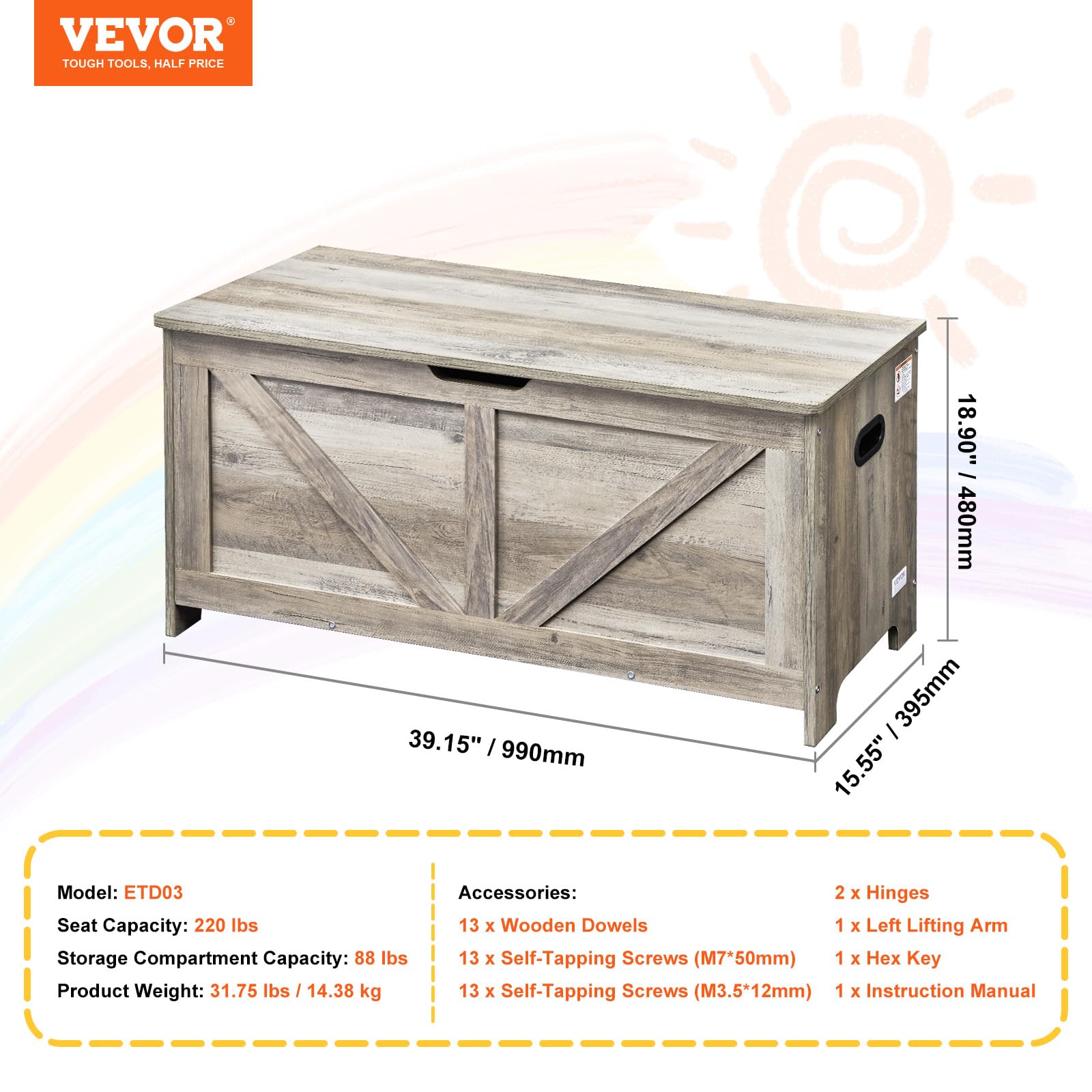 VEVOR Wooden Toy Storage Box for Kids & Toddlers - Large 38.98 x 15.55 x 18.9 Inch Flip-Top Toy Chest with Safety Hinge - Multifunctional Storage Bench for Playroom, Bedroom, Nursery or Living Room - Perfect for Organizing Toys, Books and Kids' Belongings (Gray)