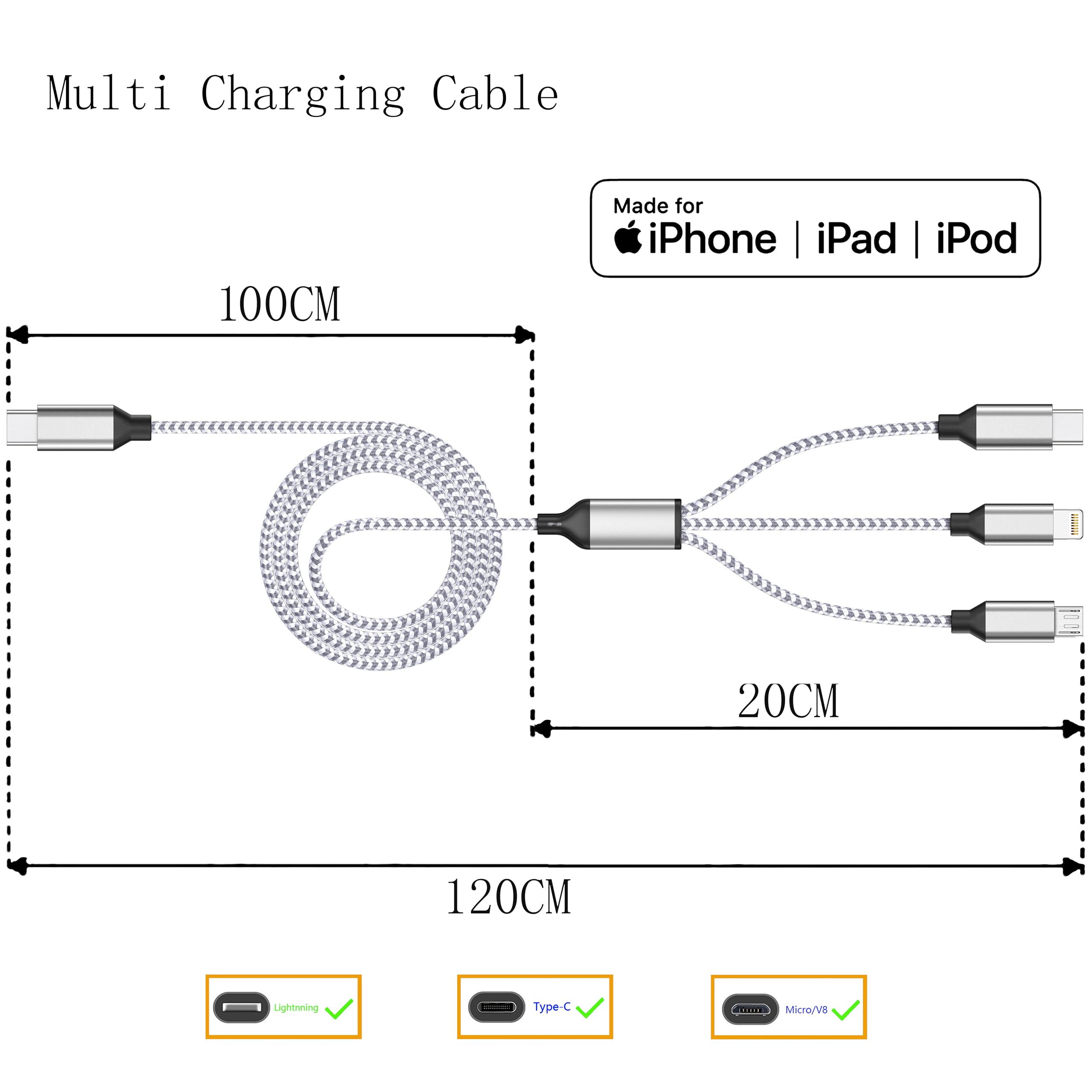 3-Pack 4FT USB C to Lightning/Micro USB/Type C 3-in-1 Fast Charging Cable - MFi Certified Nylon Braided Multi Charger for iPhone, iPad, Samsung - Perfect for Home, Office & Travel Charging Needs