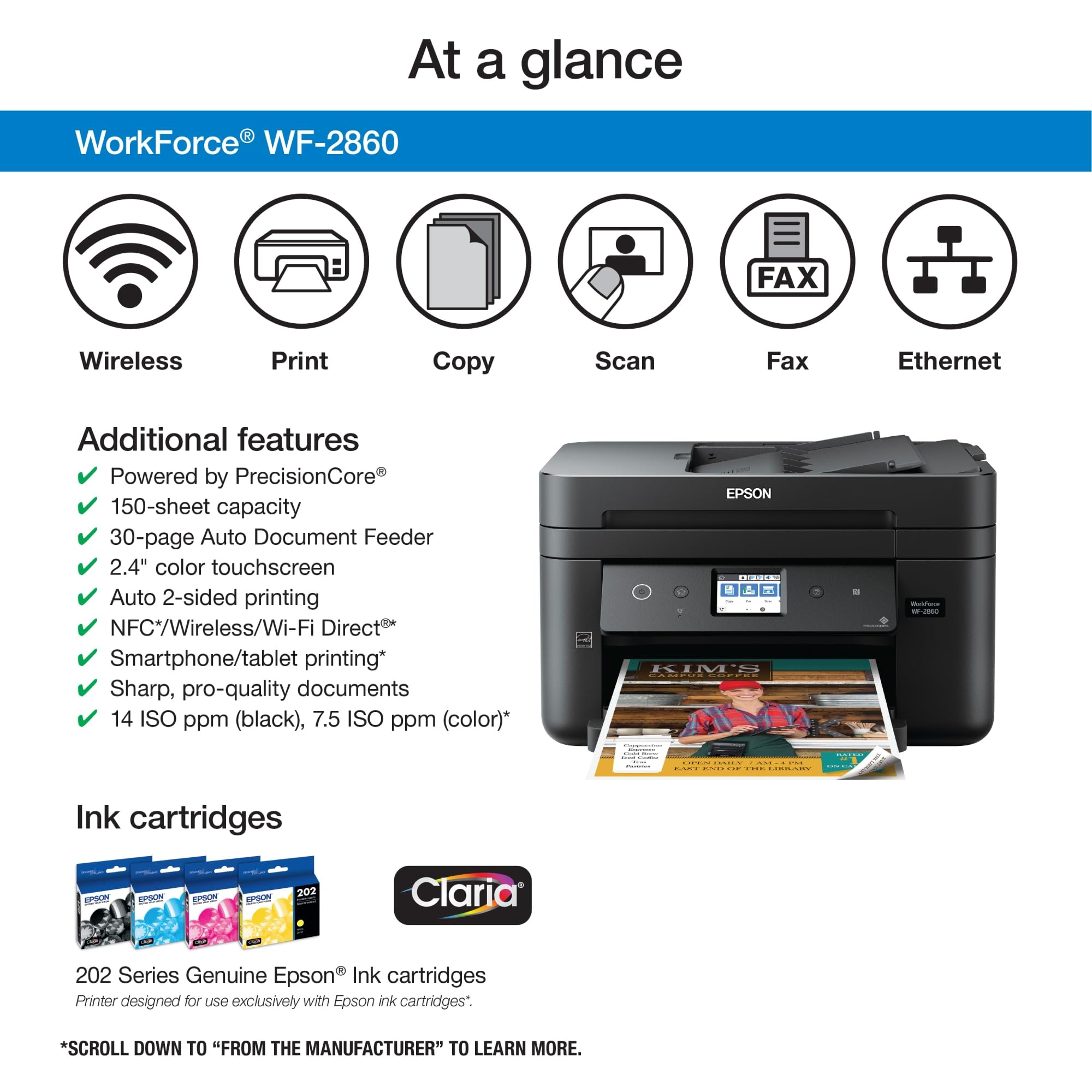 Epson Workforce WF-2860 Wireless All-in-One Color Printer with Scanner, Copier & Fax | Ethernet, Wi-Fi Direct, NFC | Amazon Dash Replenishment Ready | Perfect for Home Office & Small Business Printing Needs