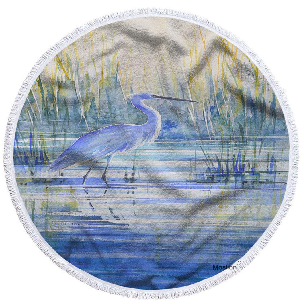 Moslion Heron Round Beach Towels - Oversized 63 Inch Watercolor Blue Heron Crane Bird Design - Soft Microfiber Polyester Beach Towel for Pool, Picnic, Yoga & Outdoor Activities