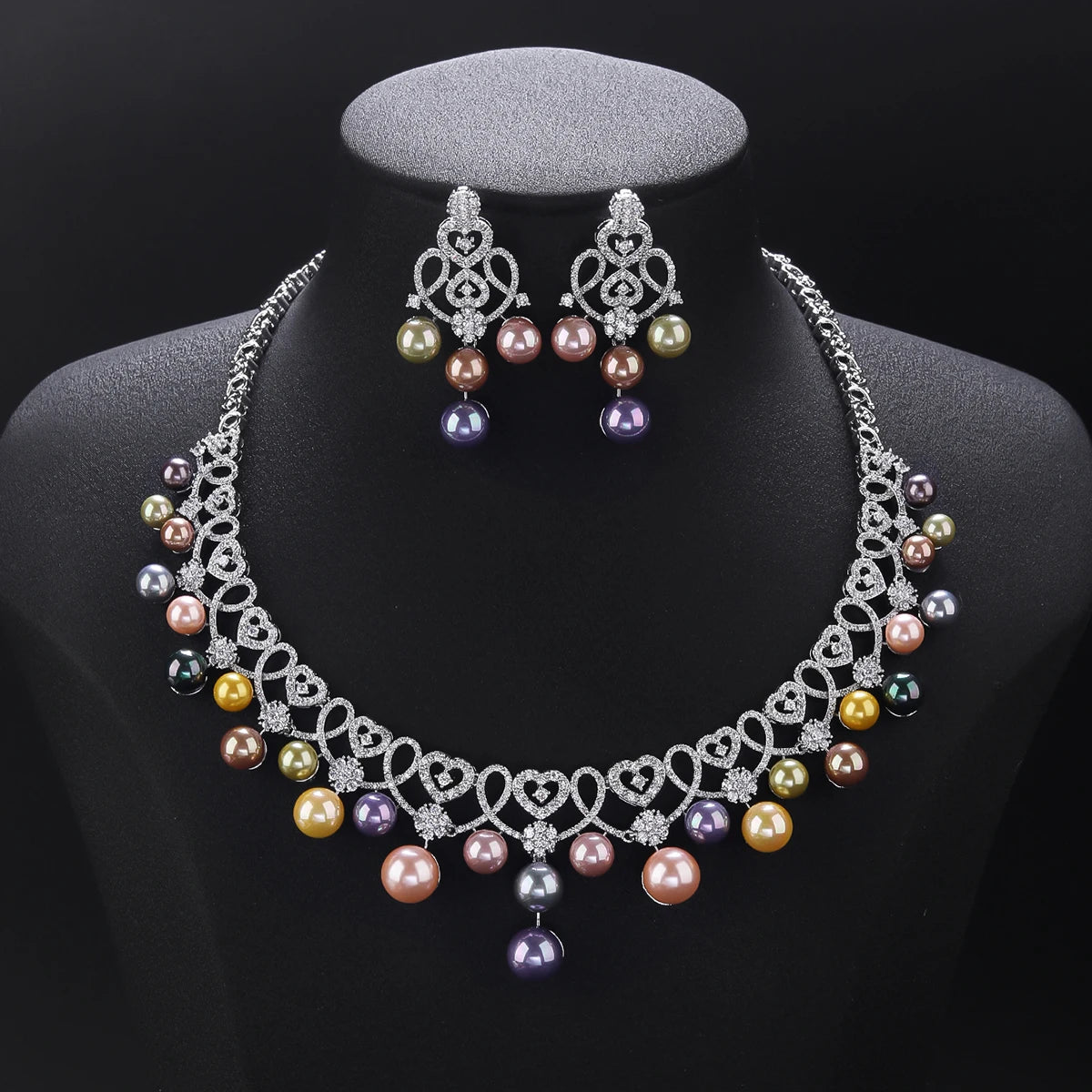 Elegant Heart-Shaped White Cubic Zirconia Pearl Necklace Set for Women | Wedding, Party & Anniversary Jewelry Gift | CN11568 | Perfect for Bridal Accessories, Date Nights & Special Occasions