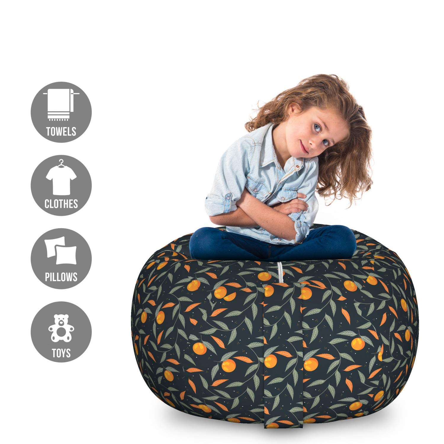 Ambesonne Orange Storage Toy Bag Chair - Large Washable Stuffed Animal Organizer with Citrus Fruit & Swirling Branches Pattern in Dark Night Blue Marigold | Perfect for Kids' Room, Playroom & Toy Organization