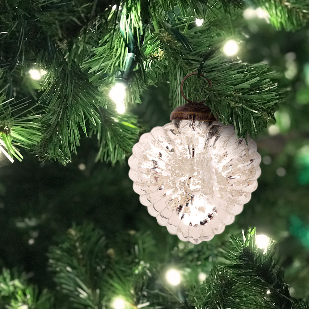 3 Pack Silver Viola Mercury Glass Heart Ornaments - Elegant Christmas Tree Decorations for Holiday, Wedding, and Home Decor