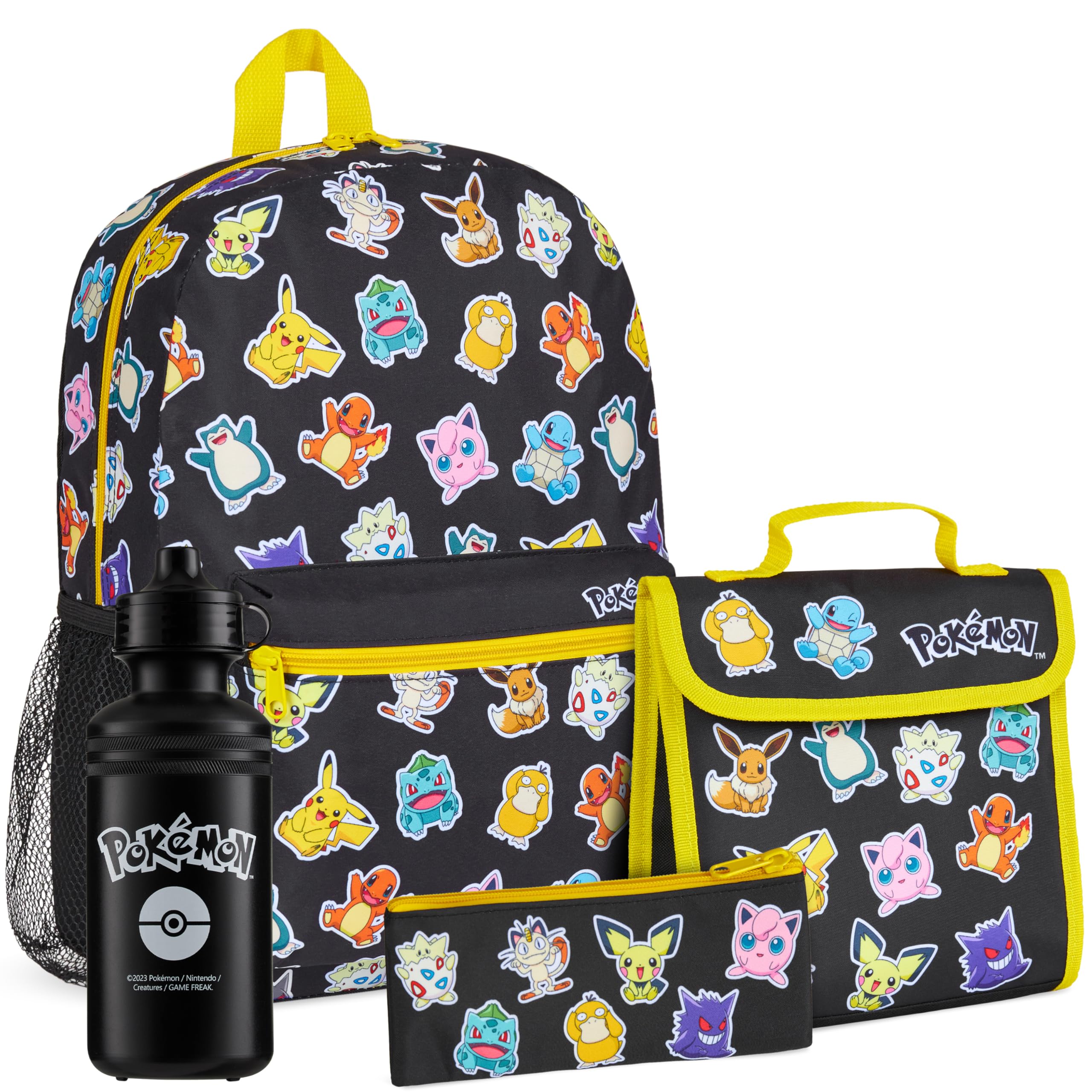 Pokemon Kids Backpack 4-Piece School Set - Pikachu Themed Insulated Lunch Box, BPA-Free 500ml Water Bottle, Pencil Case & Rucksack - Back to School Supplies for Boys (Black/Multi) - Perfect for School, Travel & Outdoor Adventures