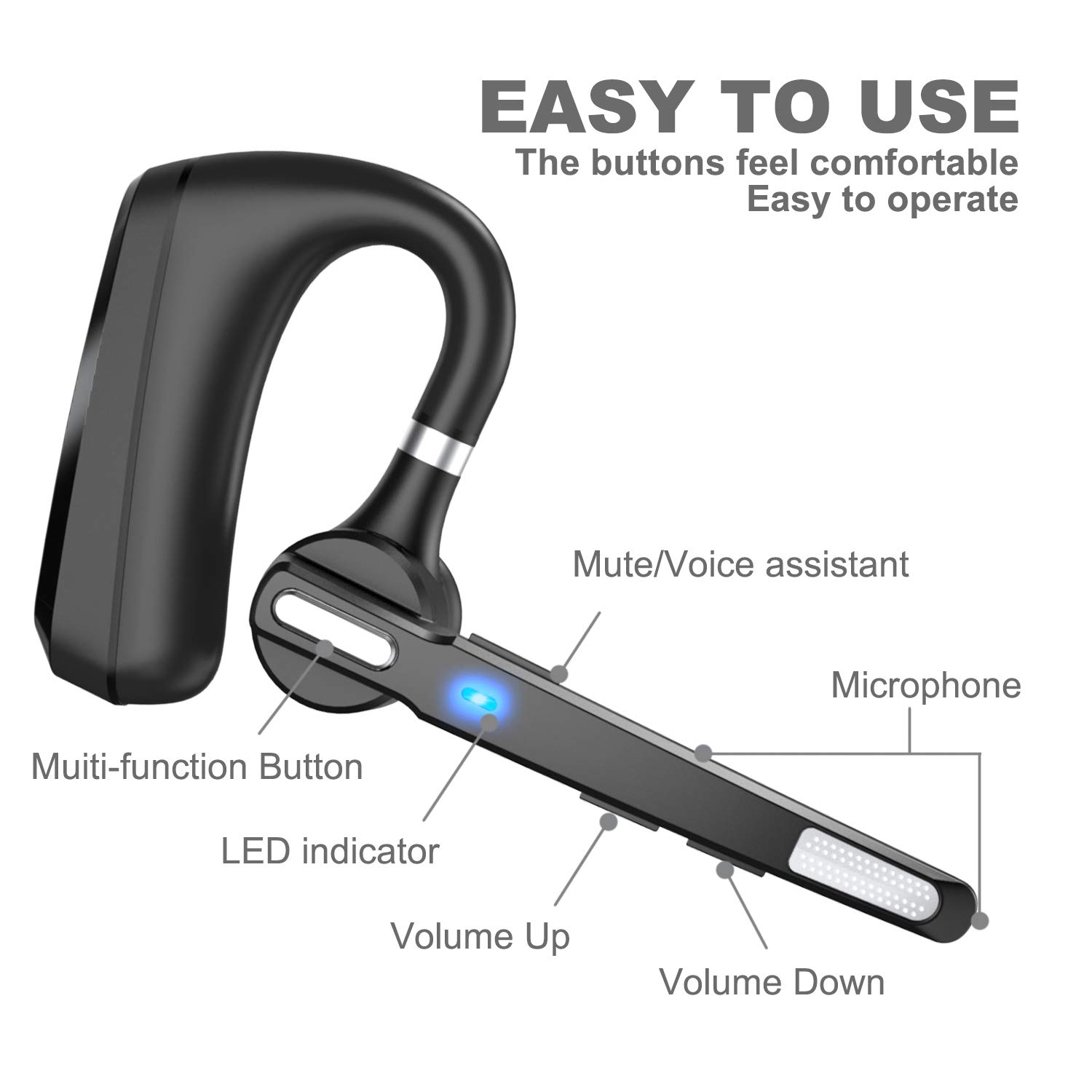 Wireless Bluetooth Headset V5.0 with 24Hrs Battery Life, HD Calling & CVC8.0 Dual Mic Noise Cancellation - Hands-Free Bluetooth Earpiece for Driving, Business, Office - Perfect for Conference Calls, Commuting, and Remote Work